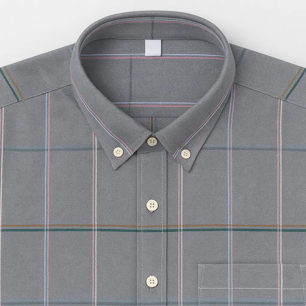 Camisa masculina Oxford cinza xadrez com listras coloridas, manga longa, dobrada, vista superior.
