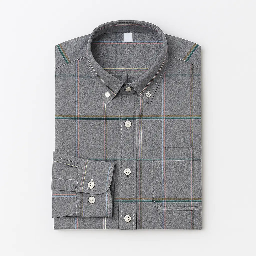 Camisa masculina Oxford cinza xadrez com listras coloridas, manga longa, dobrada, vista superior.