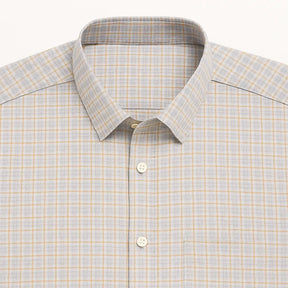 Camisa Xadrez Masculina Oxford Genova em algodão premium, manga curta, padrão xadrez verde com bege, estilo casual elegante.