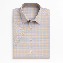 Camisa Xadrez Masculina Oxford Genova em algodão premium, manga curta, padrão xadrez verde com bege, estilo casual elegante.