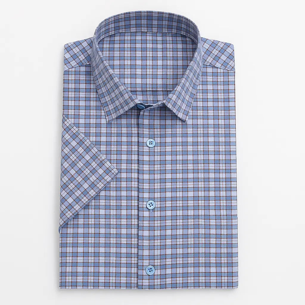 Camisa Xadrez Masculina Oxford Genova em algodão premium, manga curta, padrão xadrez verde com bege, estilo casual elegante.