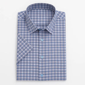 Camisa Xadrez Masculina Oxford Genova em algodão premium, manga curta, padrão xadrez verde com bege, estilo casual elegante.