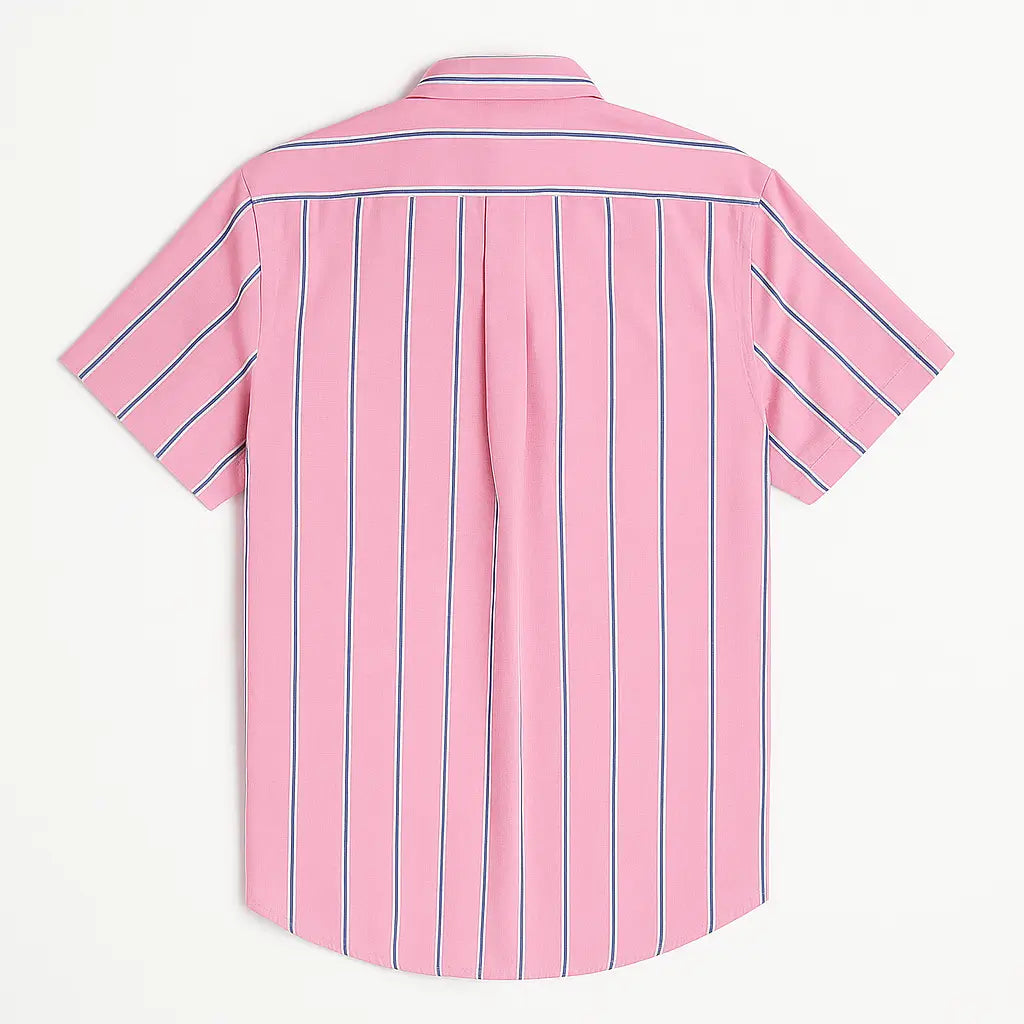 camisa social masculina slim fit oxford rosa com listras em algodão, manga curta, gola estruturada e caimento elegante