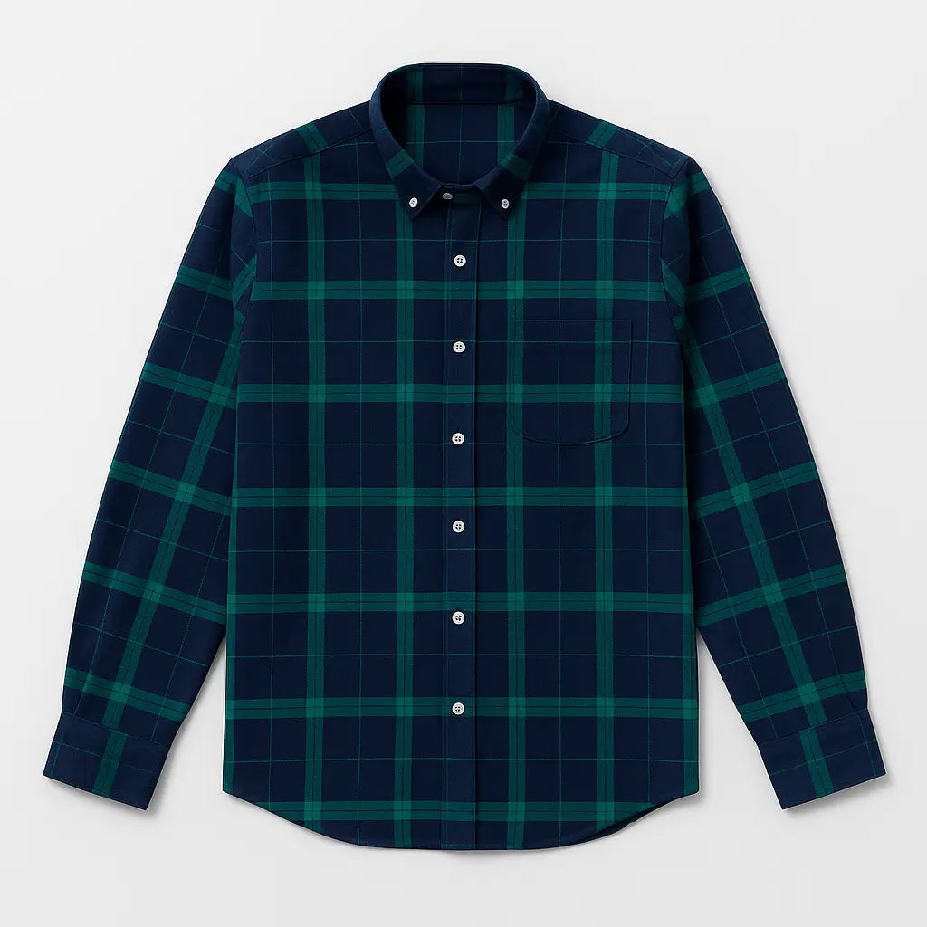 Camisa masculina flanelada xadrez vermelha e azul, manga longa, 100% algodão, bolso frontal e gola com botão.