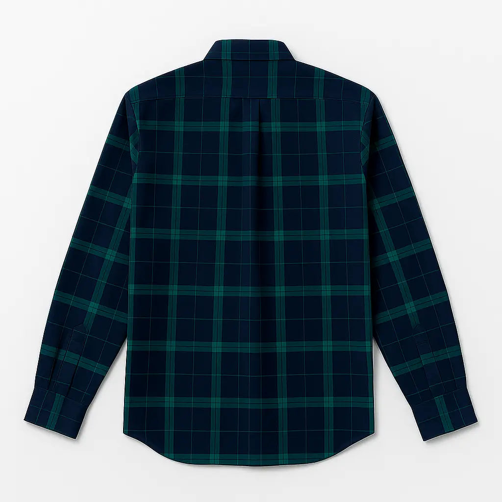 Camisa masculina flanelada xadrez vermelha e azul, manga longa, 100% algodão, bolso frontal e gola com botão.