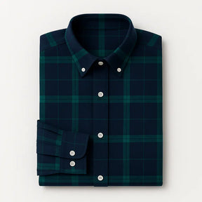 Camisa masculina flanelada xadrez vermelha e azul, manga longa, 100% algodão, bolso frontal e gola com botão.