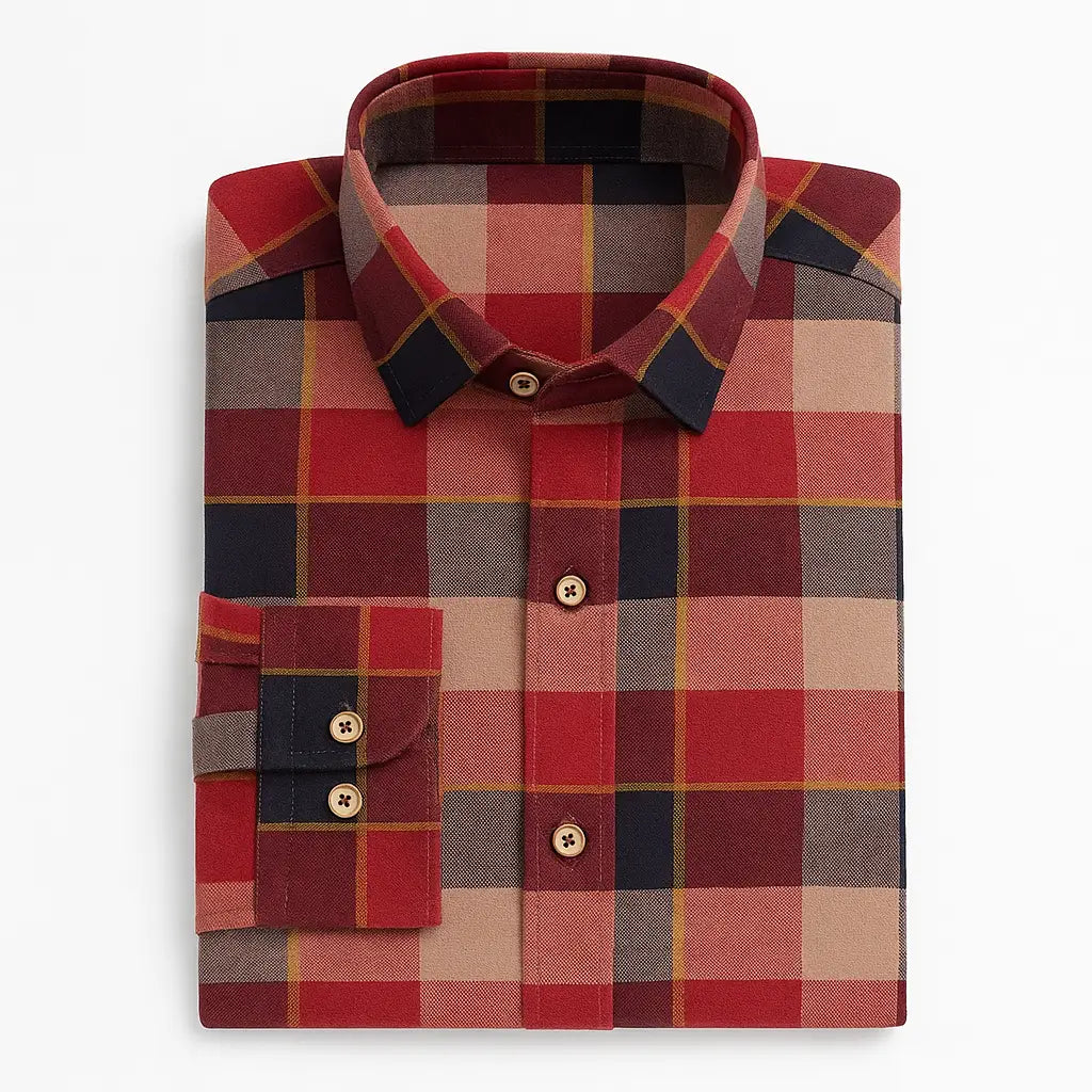 Camisa masculina flanelada xadrez vermelha e azul, manga longa, 100% algodão, bolso frontal e gola com botão.