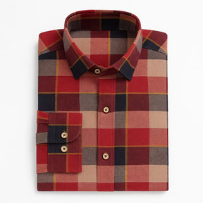 Camisa masculina flanelada xadrez vermelha e azul, manga longa, 100% algodão, bolso frontal e gola com botão.