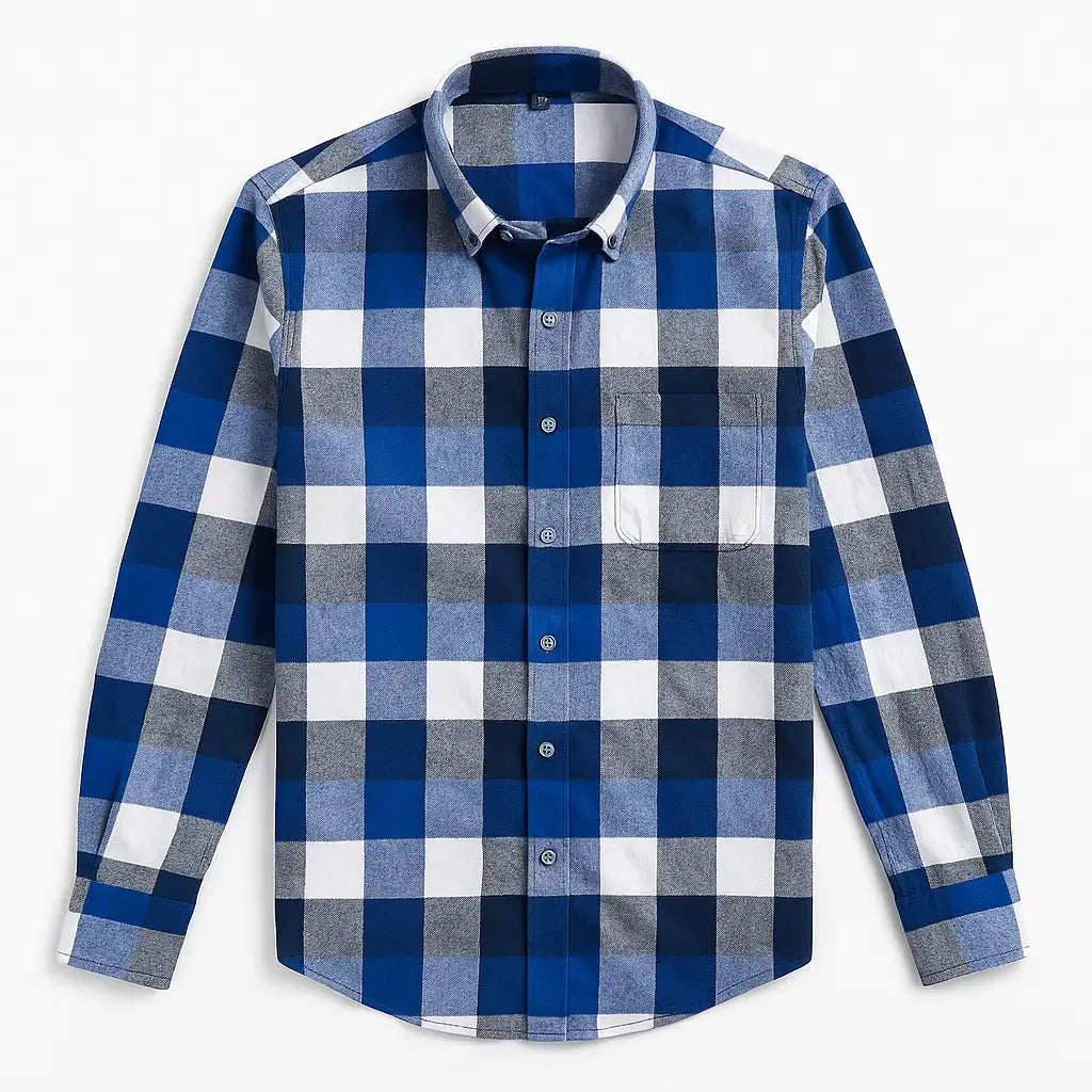 Camisa masculina flanelada xadrez azul royal, manga longa, 100% algodão, bolso frontal e gola com botão.