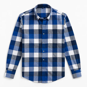 Camisa masculina flanelada xadrez azul royal, manga longa, 100% algodão, bolso frontal e gola com botão.