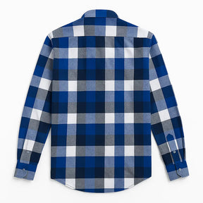 Camisa masculina flanelada xadrez azul royal, manga longa, 100% algodão, bolso frontal e gola com botão.
