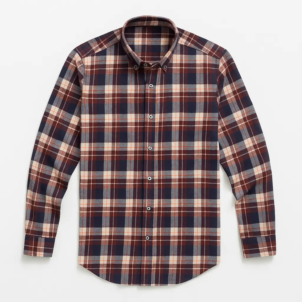 Camisa masculina flanelada xadrez  manga longa, 100% algodão, bolso frontal e gola com botão, estilo casual elegante.