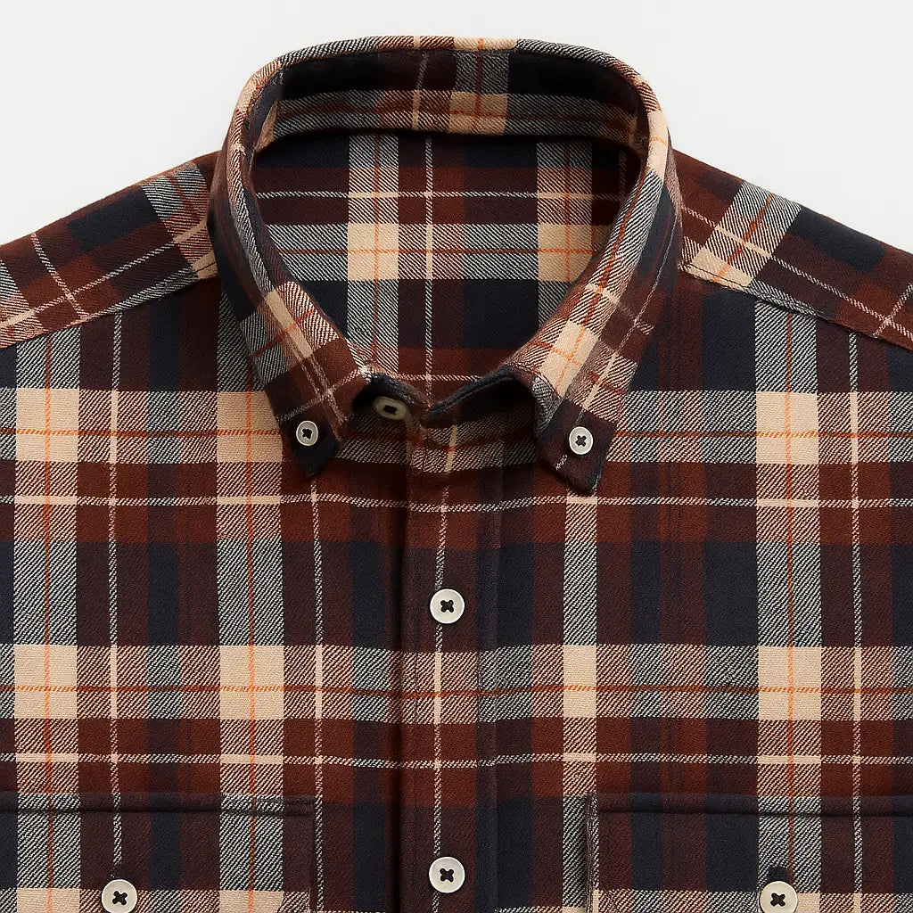 Camisa masculina flanelada xadrez  manga longa, 100% algodão, bolso frontal e gola com botão, estilo casual elegante.