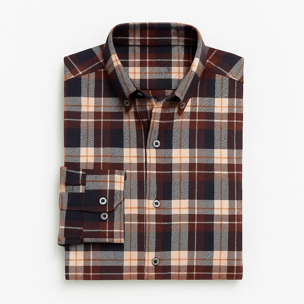 Camisa masculina flanelada xadrez  manga longa, 100% algodão, bolso frontal e gola com botão, estilo casual elegante.
