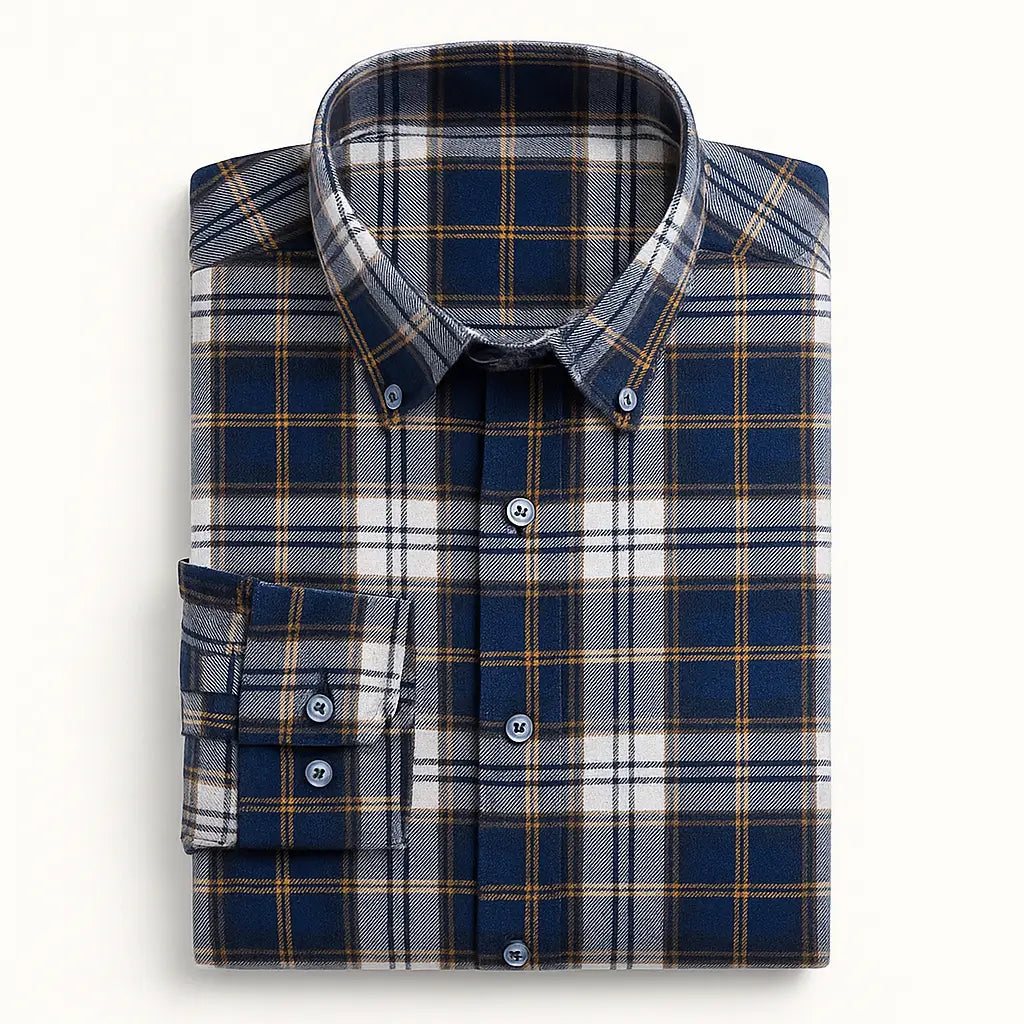 Camisa masculina flanelada xadrez  manga longa, 100% algodão, bolso frontal e gola com botão, estilo casual elegante.