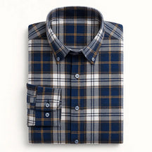 Camisa masculina flanelada xadrez  manga longa, 100% algodão, bolso frontal e gola com botão, estilo casual elegante.
