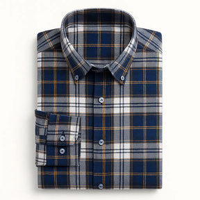 Camisa masculina flanelada xadrez  manga longa, 100% algodão, bolso frontal e gola com botão, estilo casual elegante.