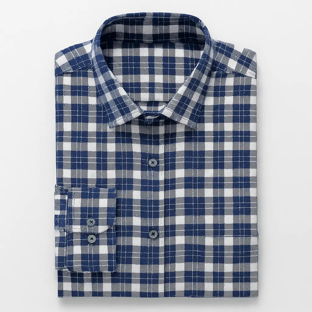 Camisa masculina flanelada xadrez  manga longa, 100% algodão, bolso frontal e gola com botão, estilo casual elegante.