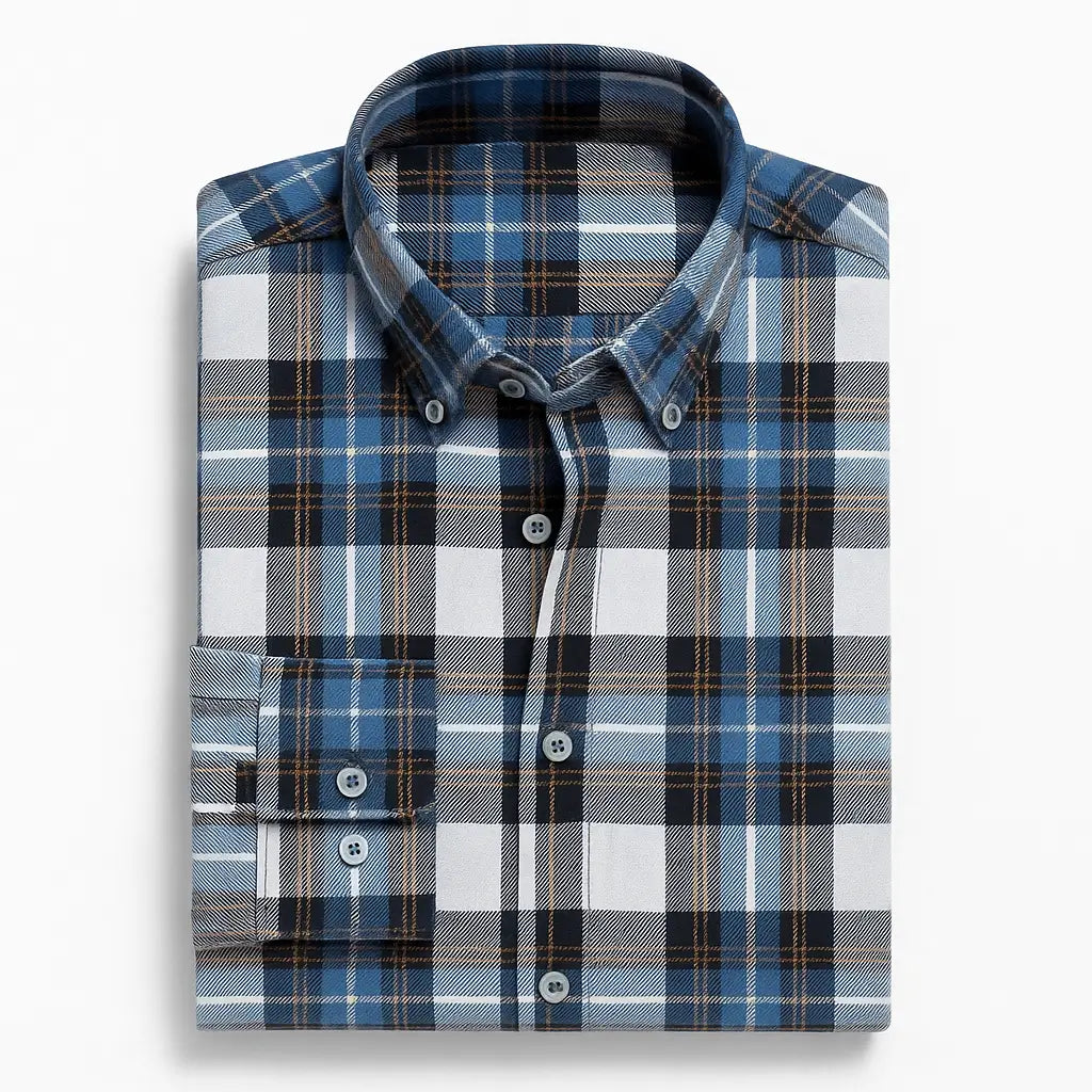 Camisa masculina flanelada xadrez  manga longa, 100% algodão, bolso frontal e gola com botão, estilo casual elegante.