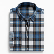 Camisa masculina flanelada xadrez  manga longa, 100% algodão, bolso frontal e gola com botão, estilo casual elegante.