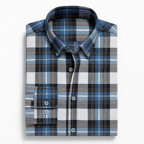 Camisa masculina flanelada xadrez  manga longa, 100% algodão, bolso frontal e gola com botão, estilo casual elegante.