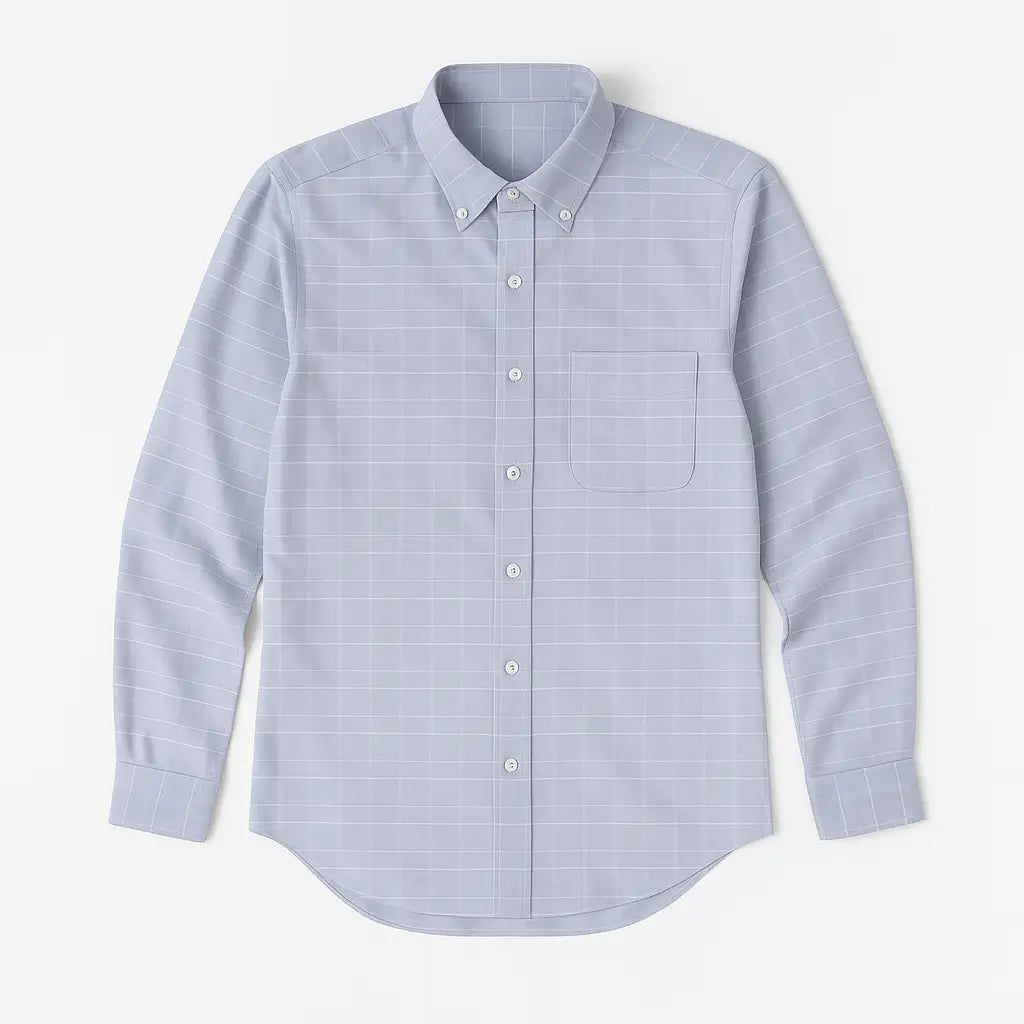 Camisa masculina Oxford cinza, manga longa, 100% algodão, padrão quadriculado discreto e gola abotoada elegante.