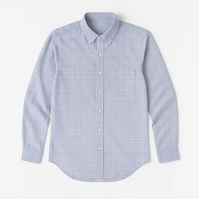 Camisa masculina Oxford cinza, manga longa, 100% algodão, padrão quadriculado discreto e gola abotoada elegante.