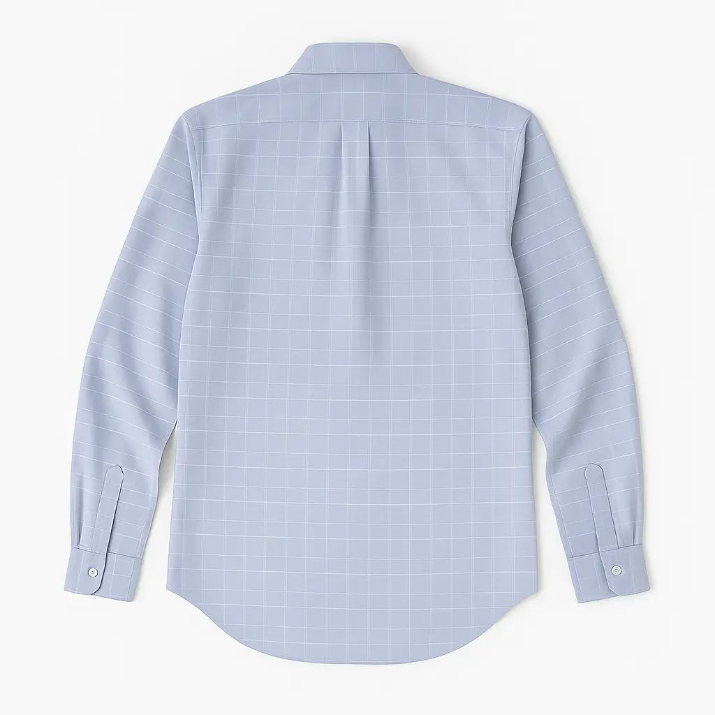 Camisa masculina Oxford cinza, manga longa, 100% algodão, padrão quadriculado discreto e gola abotoada elegante.