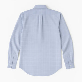 Camisa masculina Oxford cinza, manga longa, 100% algodão, padrão quadriculado discreto e gola abotoada elegante.