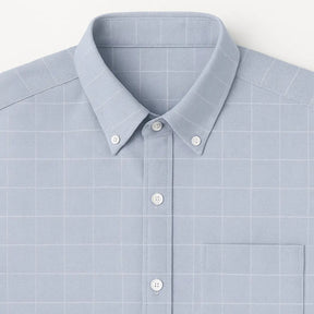 Camisa masculina Oxford cinza, manga longa, 100% algodão, padrão quadriculado discreto e gola abotoada elegante.