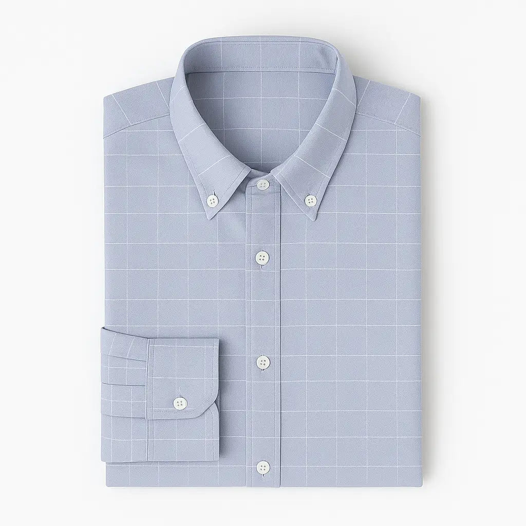Camisa masculina Oxford cinza, manga longa, 100% algodão, padrão quadriculado discreto e gola abotoada elegante.