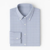 Camisa masculina Oxford cinza, manga longa, 100% algodão, padrão quadriculado discreto e gola abotoada elegante.