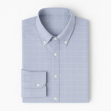 Camisa masculina Oxford cinza, manga longa, 100% algodão, padrão quadriculado discreto e gola abotoada elegante.