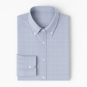 Camisa masculina Oxford cinza, manga longa, 100% algodão, padrão quadriculado discreto e gola abotoada elegante.