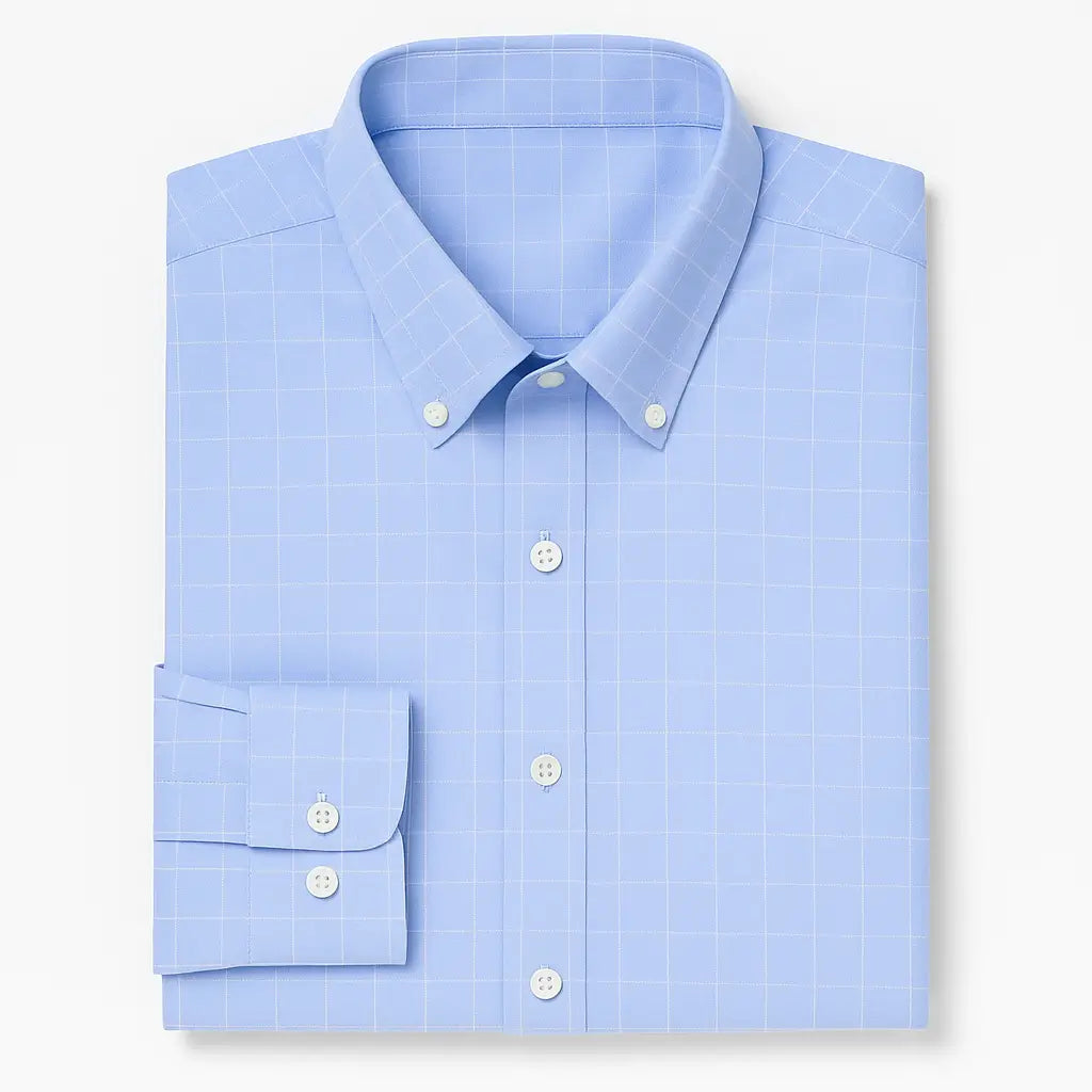 Camisa masculina Oxford Azul, manga longa, 100% algodão, padrão quadriculado discreto e gola abotoada elegante.