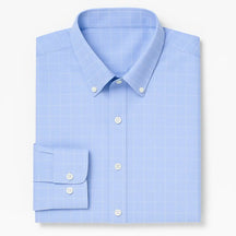 Camisa masculina Oxford Azul, manga longa, 100% algodão, padrão quadriculado discreto e gola abotoada elegante.