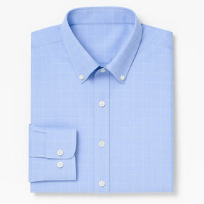 Camisa masculina Oxford Azul, manga longa, 100% algodão, padrão quadriculado discreto e gola abotoada elegante.