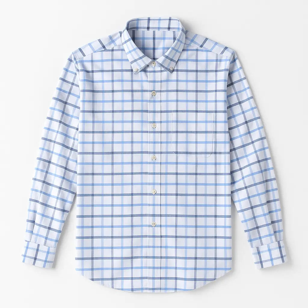 Camisa masculina Oxford xadrez azul e branco, manga longa, 100% algodão, gola abotoada e estilo clássico casual.