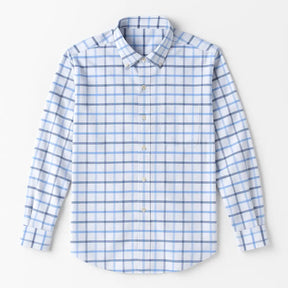 Camisa masculina Oxford xadrez azul e branco, manga longa, 100% algodão, gola abotoada e estilo clássico casual.