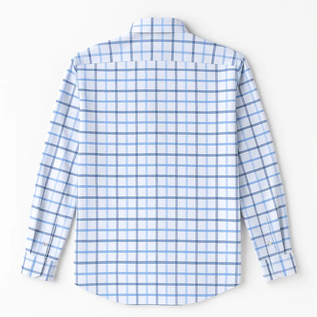 Camisa masculina Oxford xadrez azul e branco, manga longa, 100% algodão, gola abotoada e estilo clássico casual.