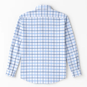 Camisa masculina Oxford xadrez azul e branco, manga longa, 100% algodão, gola abotoada e estilo clássico casual.