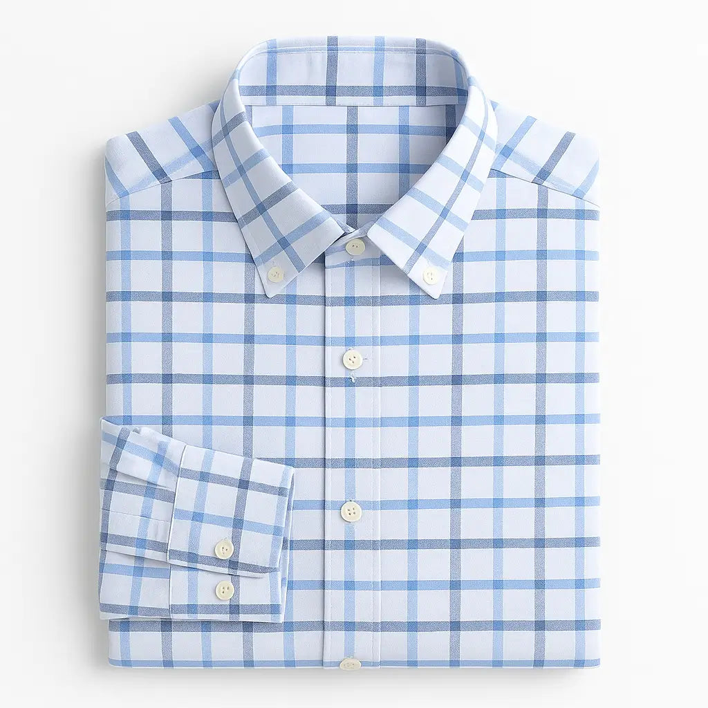 Camisa masculina Oxford xadrez azul e branco, manga longa, 100% algodão, gola abotoada e estilo clássico casual.