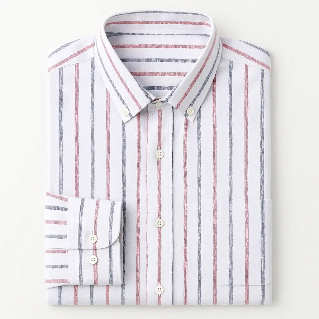 Camisa masculina Oxford listrada, manga longa, 100% algodão, gola abotoada e estilo elegante casual.