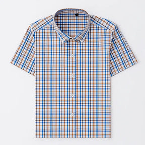 Camisa masculina xadrez manga curta, slim fit, confeccionada em algodão, estilo casual para o verão.