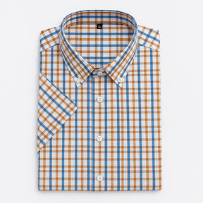 Camisa masculina xadrez manga curta, slim fit, confeccionada em algodão, estilo casual para o verão.