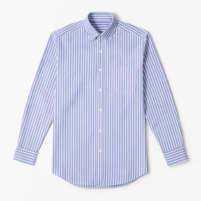 Camisa masculina Oxford azul listrada, 100% algodão, gola abotoada e manga longa, estilo casual e social elegante.