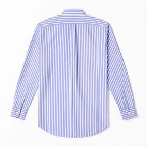 Camisa masculina Oxford azul listrada, 100% algodão, gola abotoada e manga longa, estilo casual e social elegante.