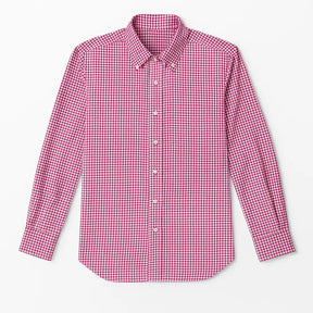 Camisa masculina Oxford xadrez vermelho e branco, manga longa, 100% algodão, gola abotoada e estilo clássico casual.