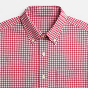 Camisa masculina Oxford xadrez vermelho e branco, manga longa, 100% algodão, gola abotoada e estilo clássico casual.