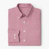 Camisa masculina Oxford xadrez vermelho e branco, manga longa, 100% algodão, gola abotoada e estilo clássico casual.